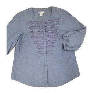 Chico's Size 1 Women's Chambray Cotton Blue Top Beaded Button Front 3/4 Sleeve